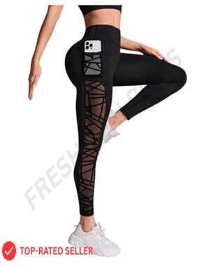 High Waisted Mesh Yoga Leggings Tummy Control Sheer Workout Pants
